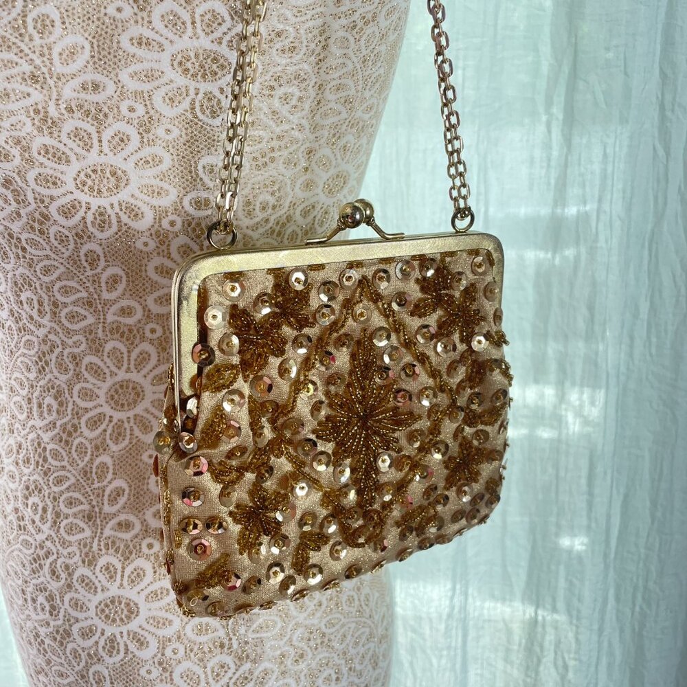Vintage Gold Sequined Evening Bag with Metal Chain Strap